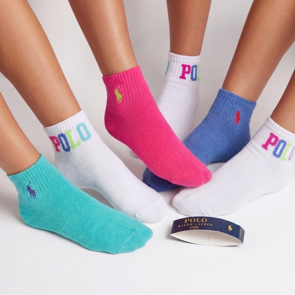 Polo Ralph Lauren Women's 6-Pair Ankle Socks Shoe Size 4-10.5, pink blue multi